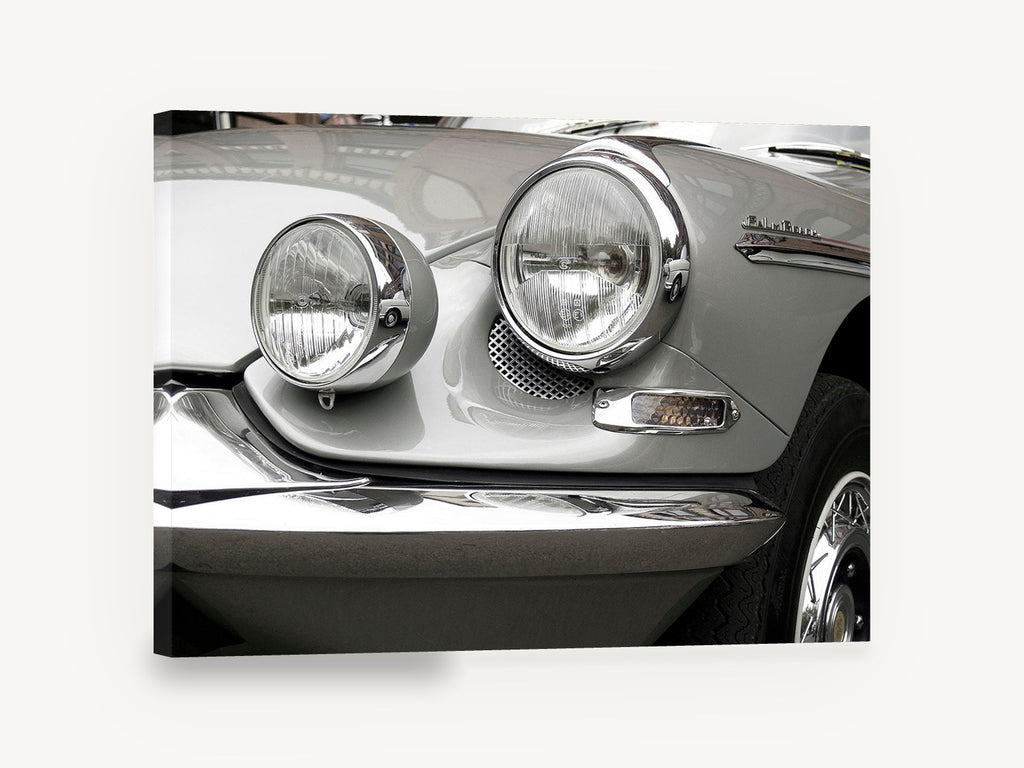 Chrome Headlamp Close-Up, vintage silver car headlight photograph, stretched canvas wall art print ready to hang