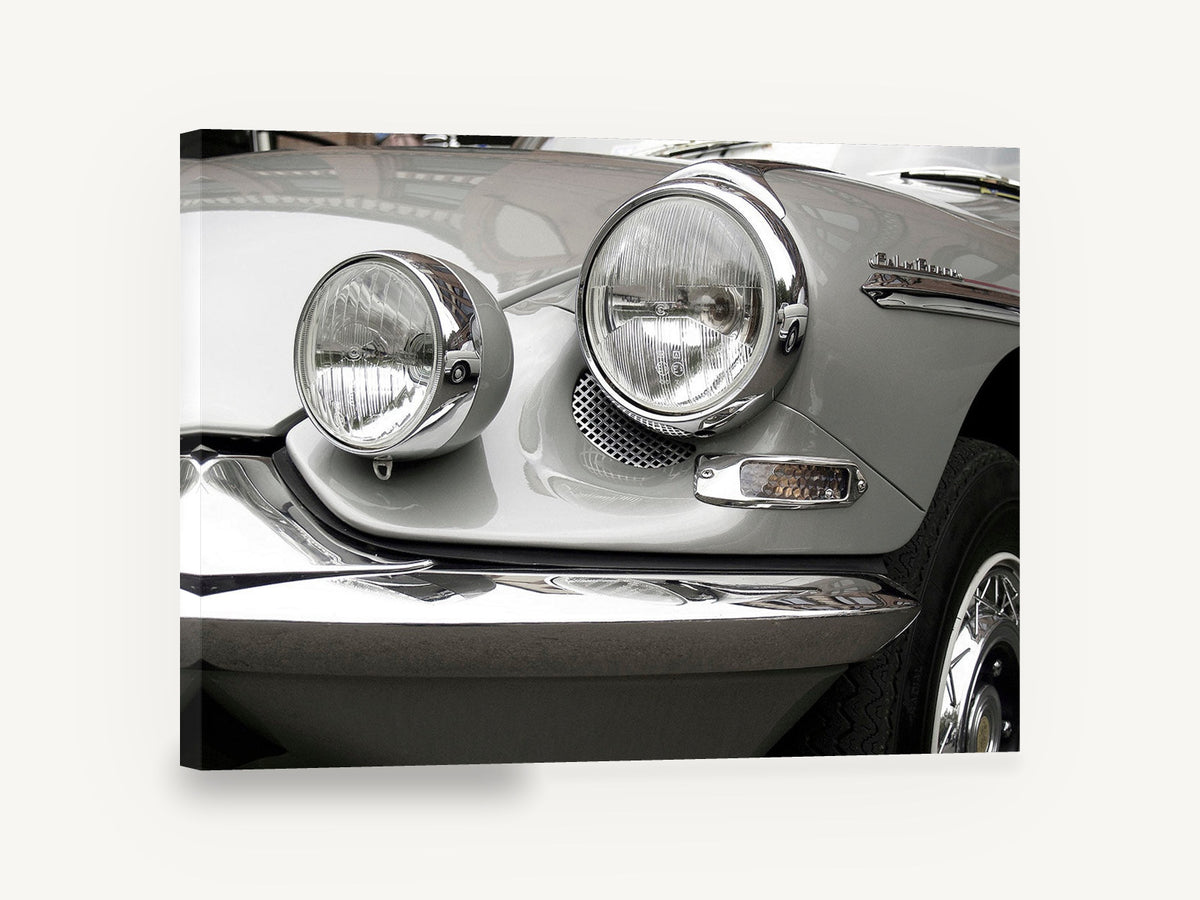 Chrome Headlamp Close-Up, vintage silver car headlight photograph, stretched canvas wall art print ready to hang