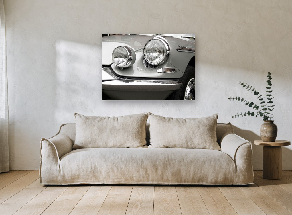 Chrome Headlamp Close-Up vintage canvas print on the wall of a living room