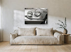 Chrome Headlamp Close-Up vintage canvas print on the wall of a living room