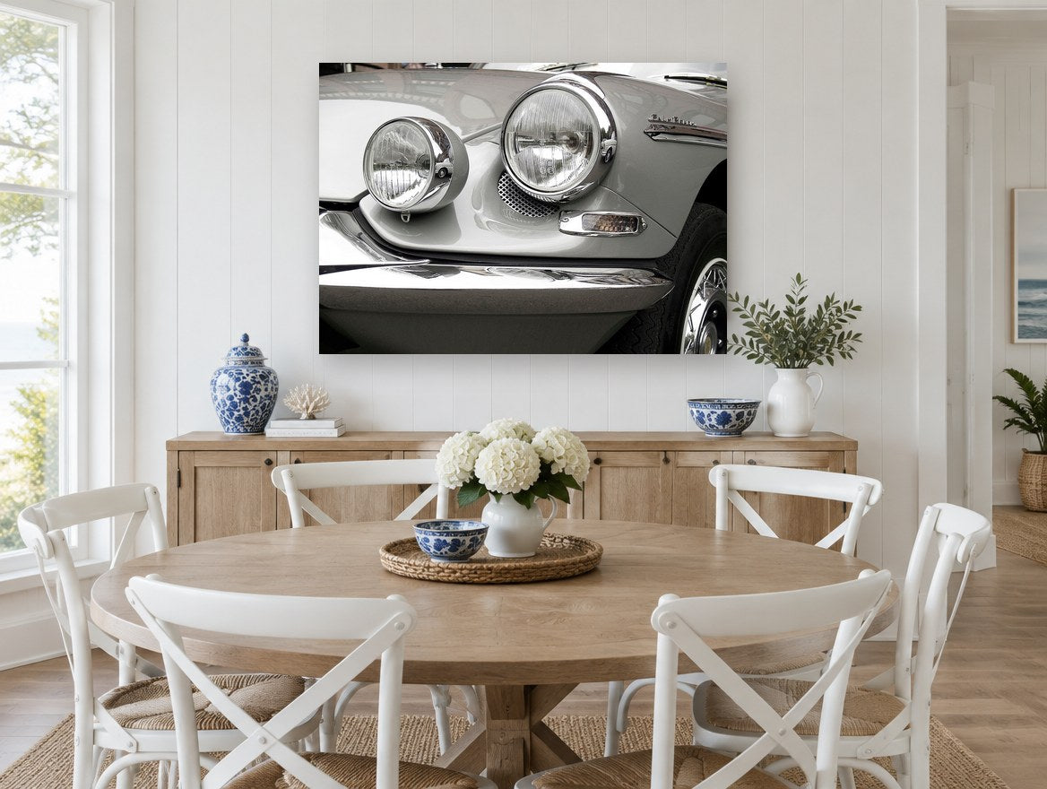 Chrome Headlamp Close-Up vintage canvas print on the wall of a Hamptons dining room