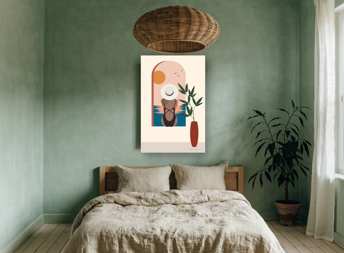 Poolside Arch View vintage canvas print on the wall of a bedroom