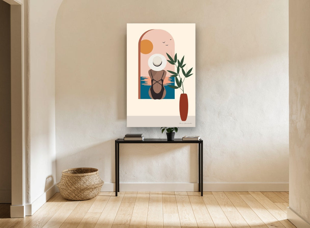 Poolside Arch View vintage canvas print on the wall of a hallway