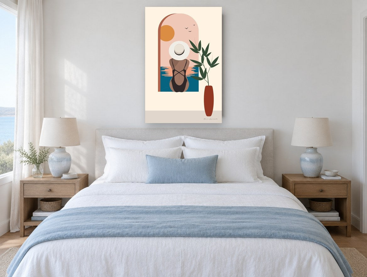 Poolside Arch View vintage canvas print on the wall of a coastal bedroom