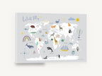 Little Explorer Animal Map, grey animal world map illustration, kids canvas wall art print ready to hang