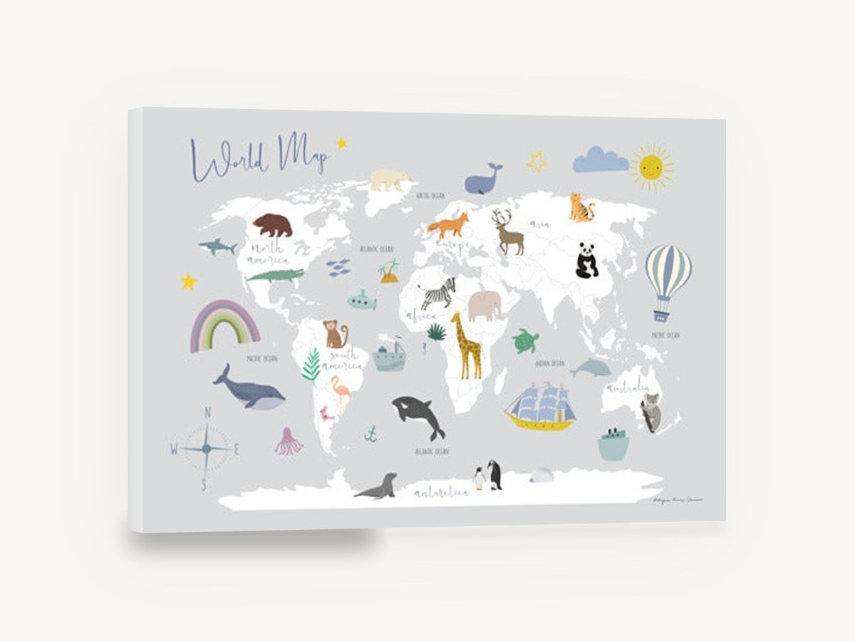 Little Explorer Animal Map, grey animal world map illustration, kids canvas wall art print ready to hang