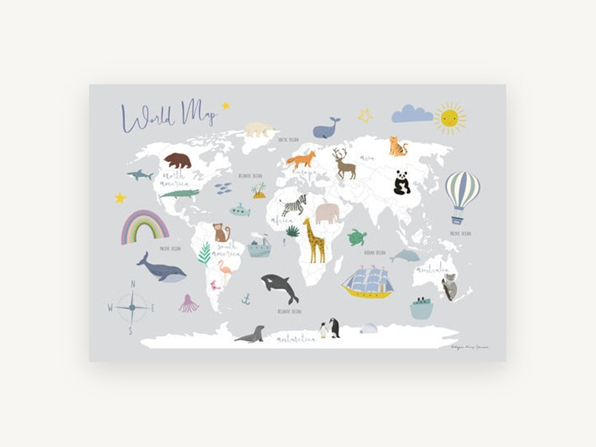 Little Explorer Animal Map, grey animal world map illustration, kids canvas wall art print, front view