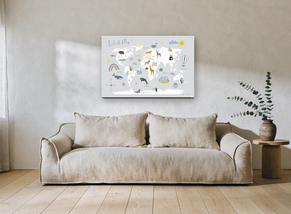 Little Explorer Animal Map kids canvas print on the wall of a living room