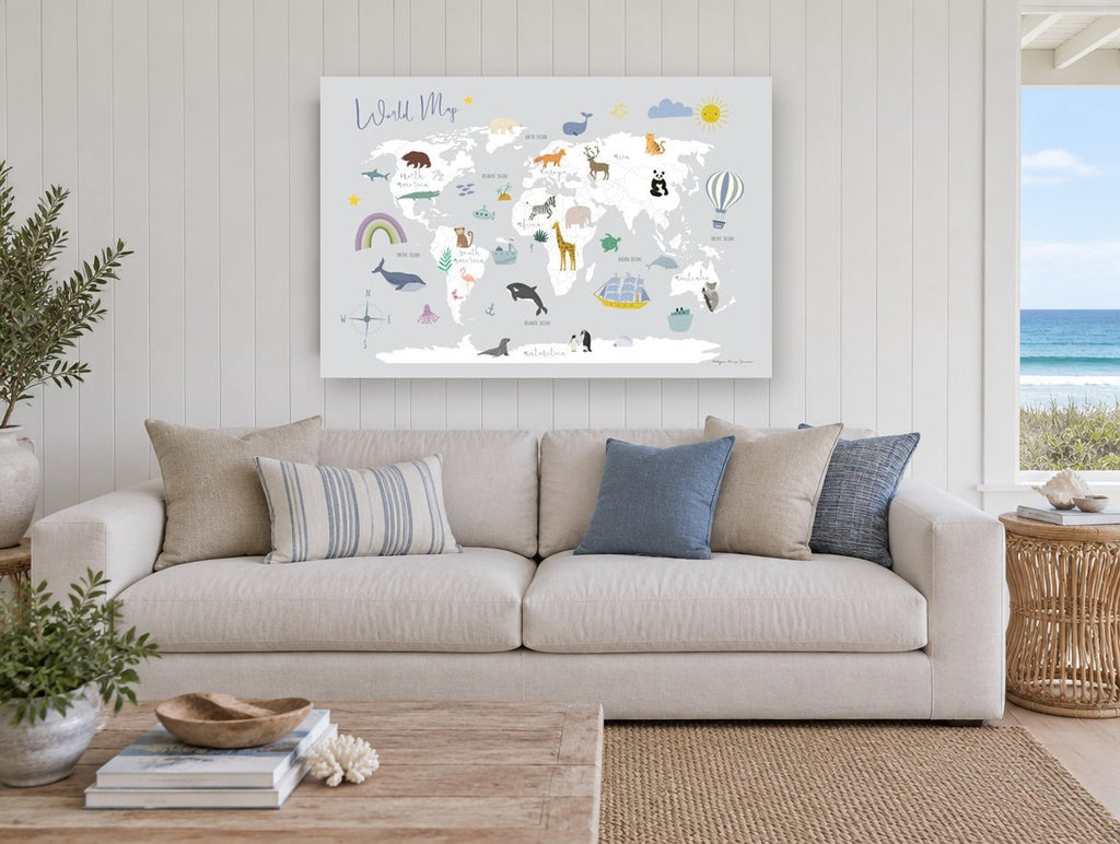 Little Explorer Animal Map kids canvas print on the wall of a beach house living room