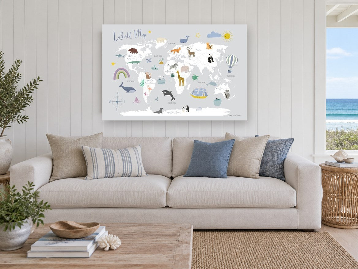Little Explorer Animal Map kids canvas print on the wall of a beach house living room