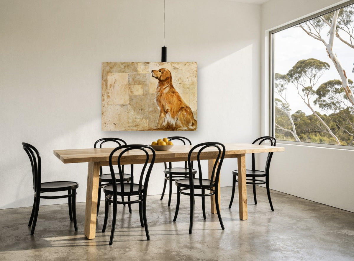 Golden Retriever Story animal canvas print on the wall of a dining room