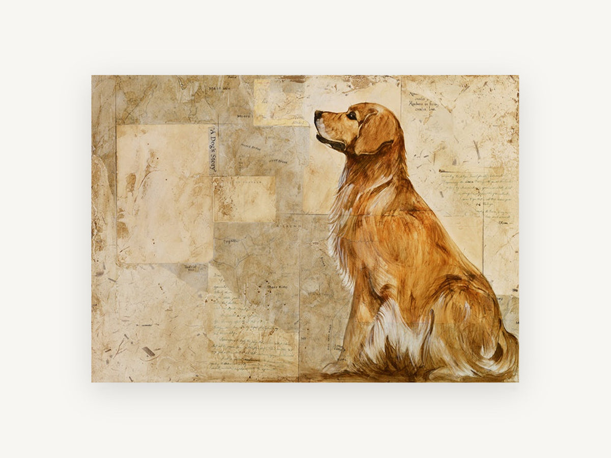 Golden Retriever Story, golden retriever collage portrait, animal canvas wall art print, front view