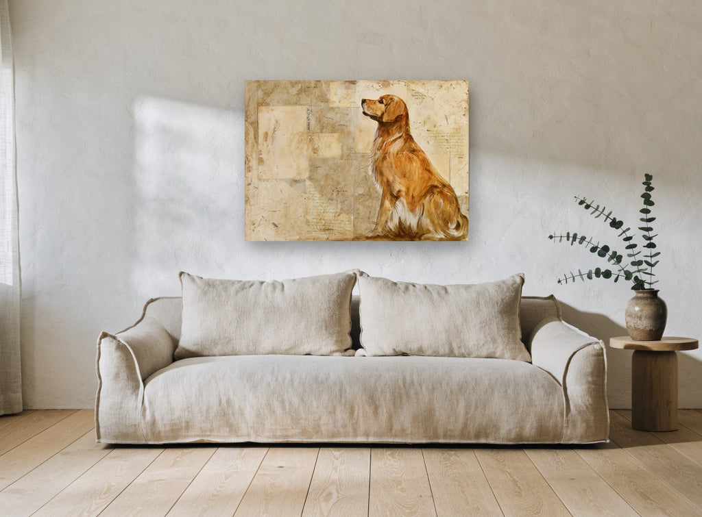 Golden Retriever Story animal canvas print on the wall of a living room