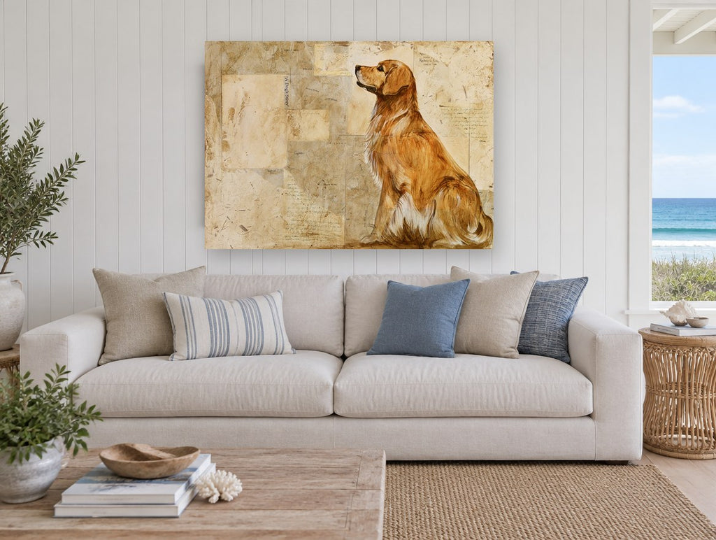 Golden Retriever Story animal canvas print on the wall of a beach house living room