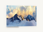 Golden Summit Mist, snowy mountain peaks above clouds, landscape canvas wall art print ready to hang