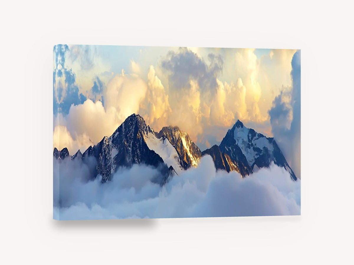 Golden Summit Mist, snowy mountain peaks above clouds, landscape canvas wall art print ready to hang