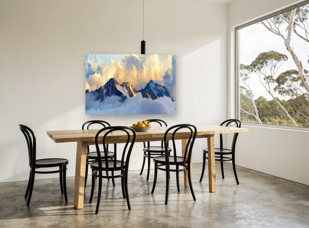Golden Summit Mist landscape canvas print on the wall of a dining room
