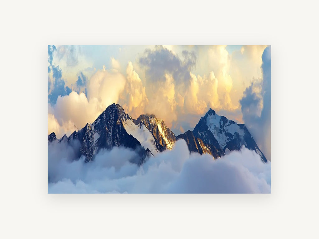 Golden Summit Mist, snowy mountain peaks above clouds, landscape canvas wall art print, front view