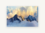 Golden Summit Mist, snowy mountain peaks above clouds, landscape canvas wall art print, front view