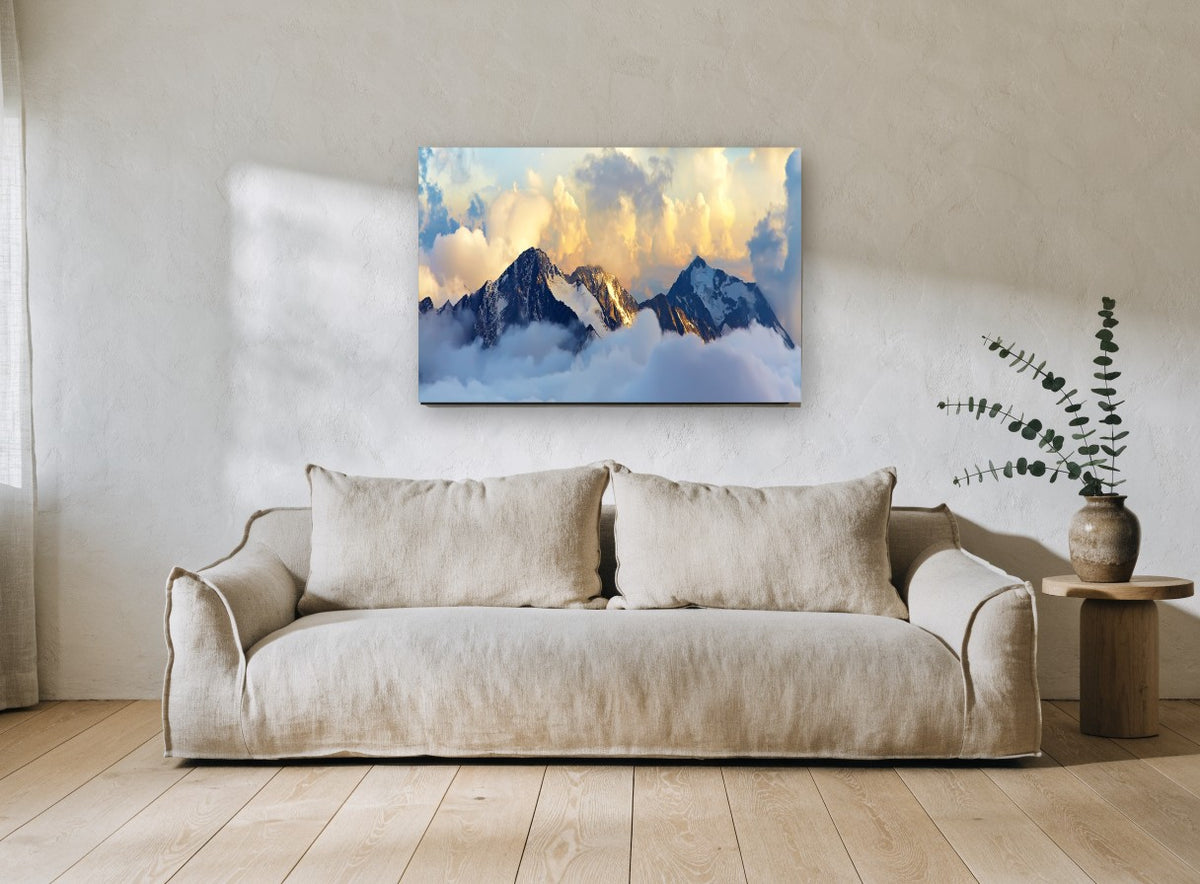 Golden Summit Mist landscape canvas print on the wall of a living room