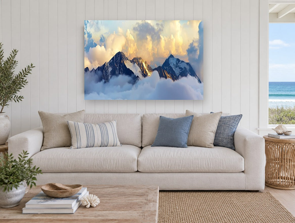Golden Summit Mist landscape canvas print on the wall of a beach house living room