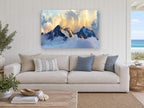 Golden Summit Mist landscape canvas print on the wall of a beach house living room