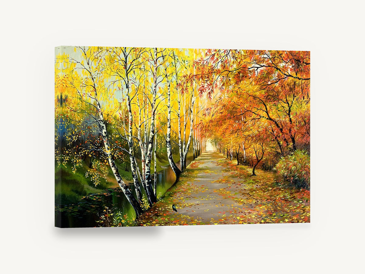 Birch Lane in Autumn, autumn birch path landscape painting, landscape canvas wall art print ready to hang