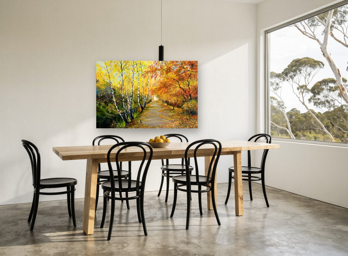 Birch Lane in Autumn landscape canvas print on the wall of a dining room