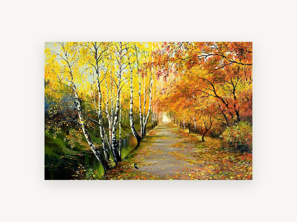 Birch Lane in Autumn, autumn birch path landscape painting, landscape canvas wall art print, front view