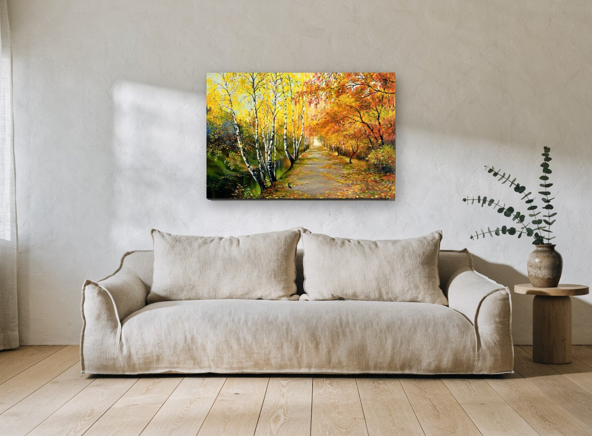 Birch Lane in Autumn landscape canvas print on the wall of a living room