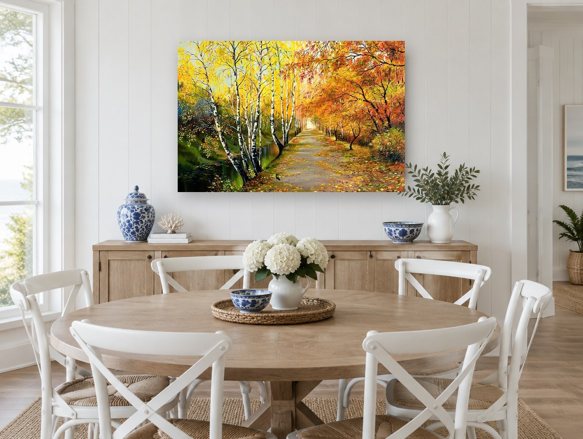 Birch Lane in Autumn landscape canvas print on the wall of a Hamptons dining room