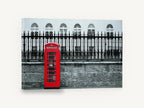 Red Box Against Railings, red london telephone box photograph, city canvas wall art print ready to hang