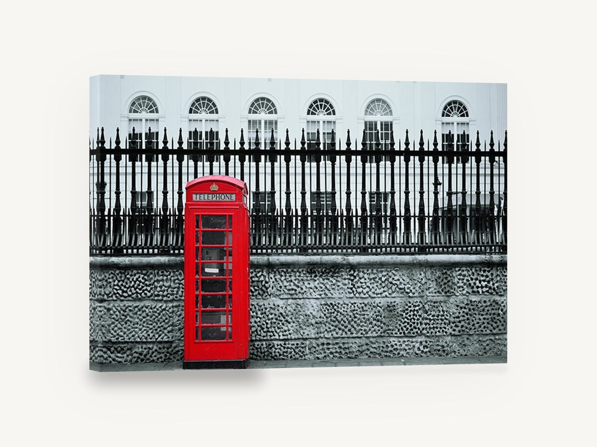 Red Box Against Railings, red london telephone box photograph, city canvas wall art print ready to hang