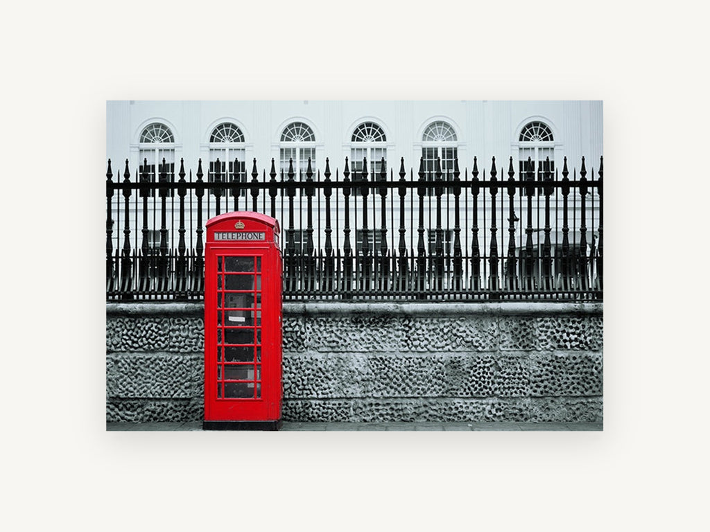 Red Box Against Railings, red london telephone box photograph, city canvas wall art print, front view