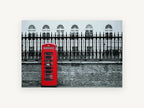 Red Box Against Railings, red london telephone box photograph, city canvas wall art print, front view