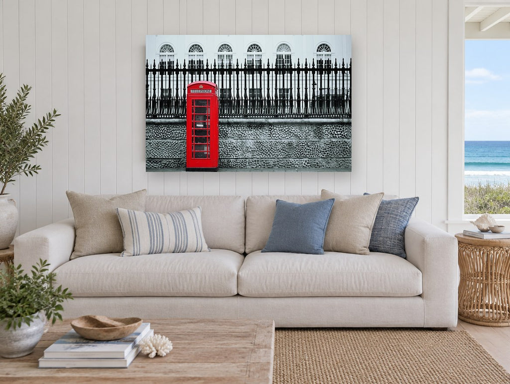 Red Box Against Railings city canvas print on the wall of a beach house living room