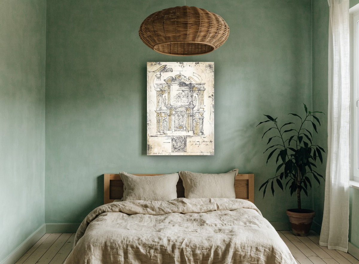 Classical Facade Sketch vintage canvas print on the wall of a bedroom