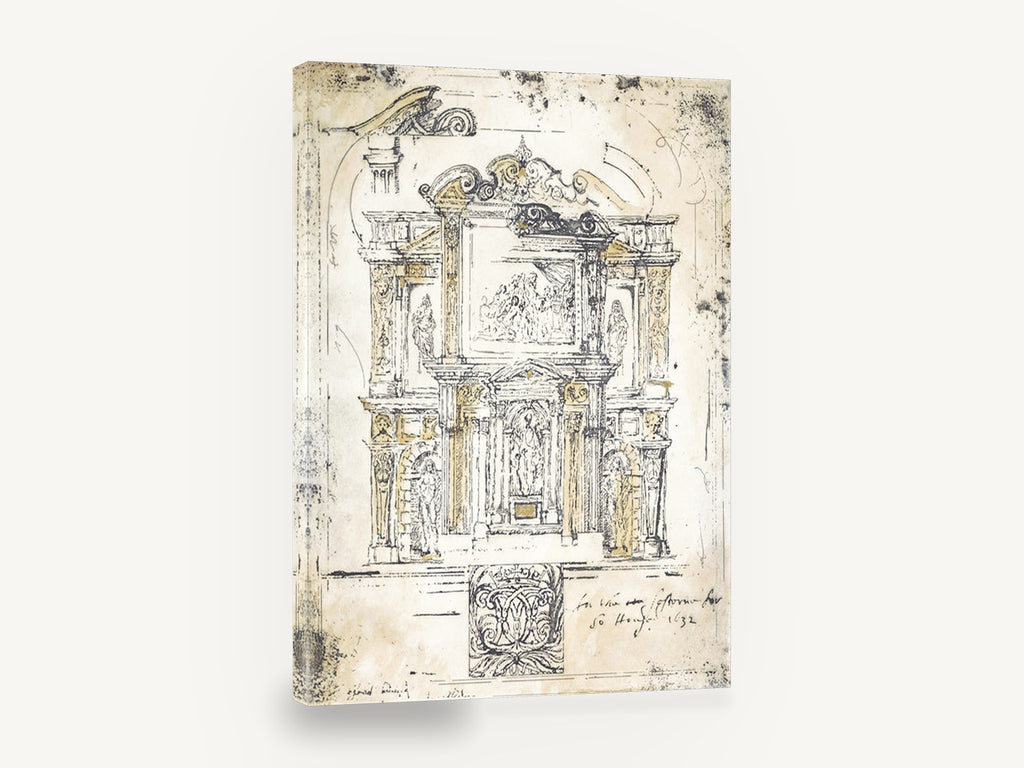 Classical Facade Sketch, antique classical architectural facade drawing, stretched canvas wall art print ready to hang