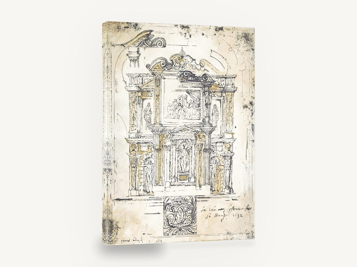 Classical Facade Sketch, antique classical architectural facade drawing, stretched canvas wall art print ready to hang