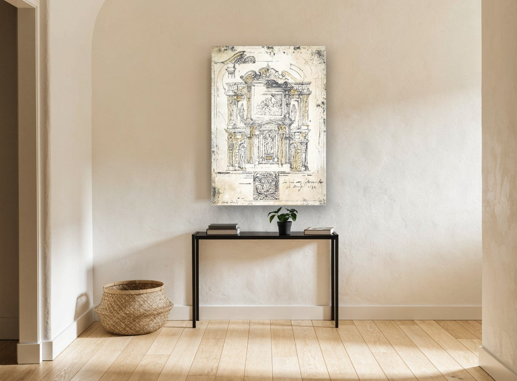 Classical Facade Sketch vintage canvas print on the wall of a hallway