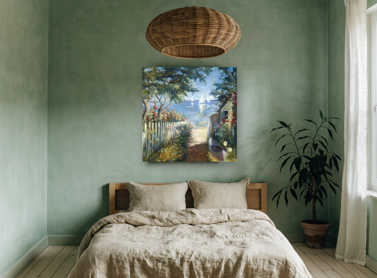 Garden Path to the Bay coastal canvas print on the wall of a bedroom