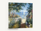 Garden Path to the Bay, garden path sailboats seascape, coastal canvas wall art print ready to hang