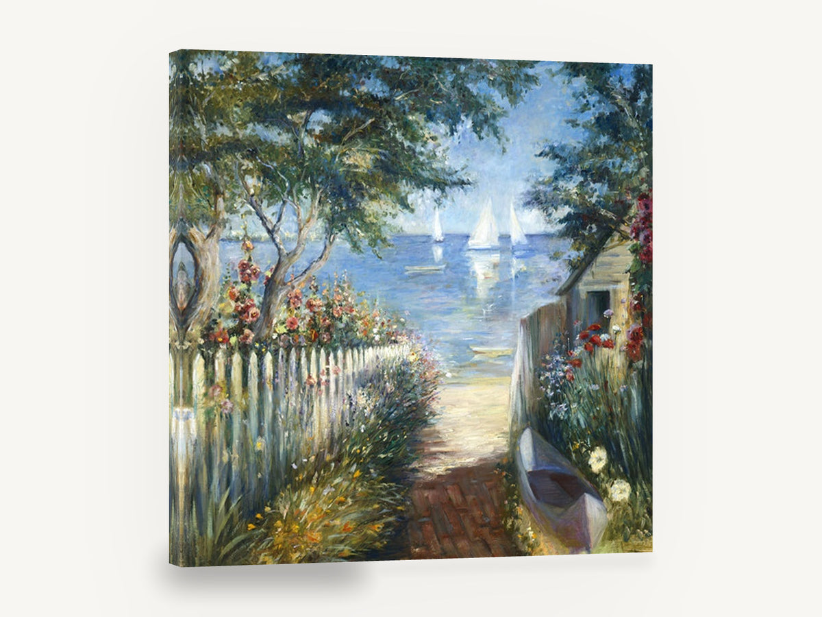Garden Path to the Bay, garden path sailboats seascape, coastal canvas wall art print ready to hang