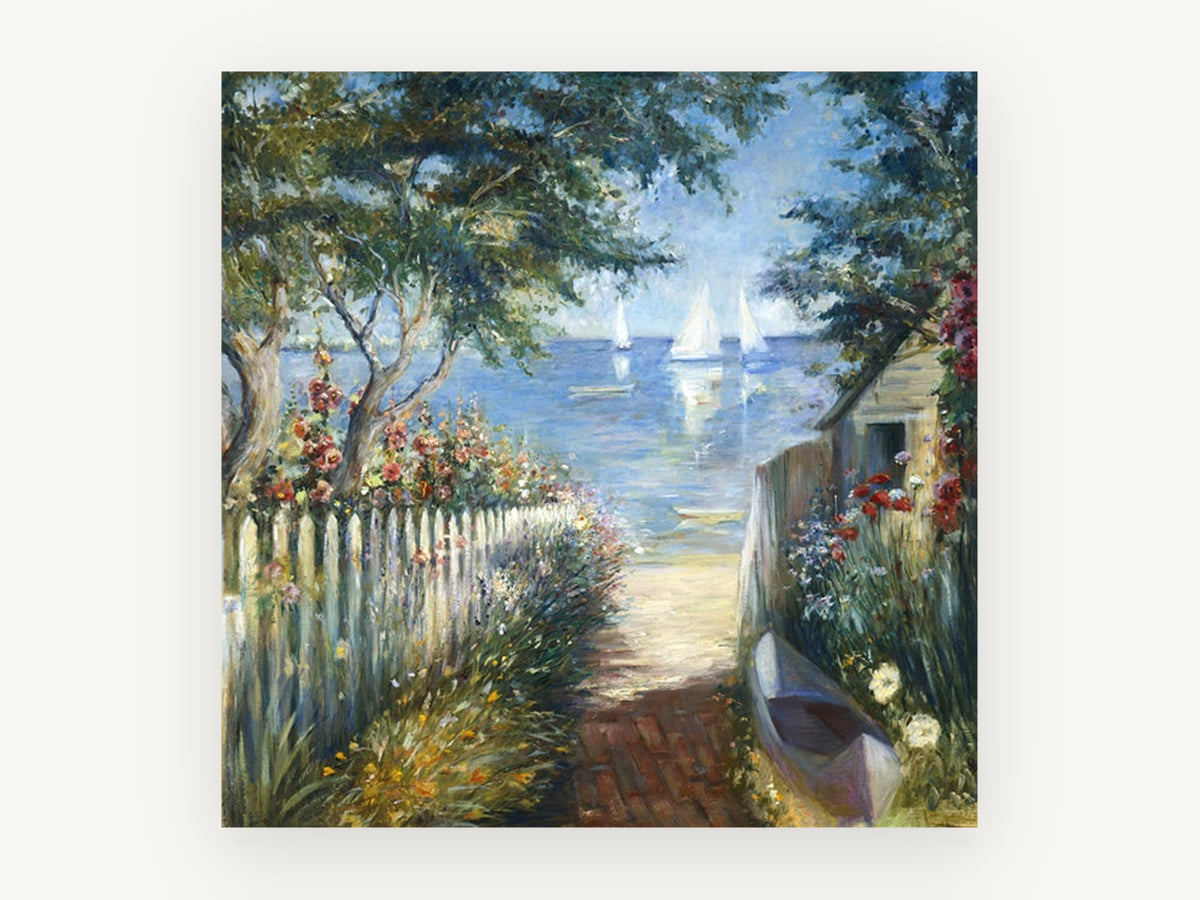 Garden Path to the Bay, coastal canvas wall art print, front view