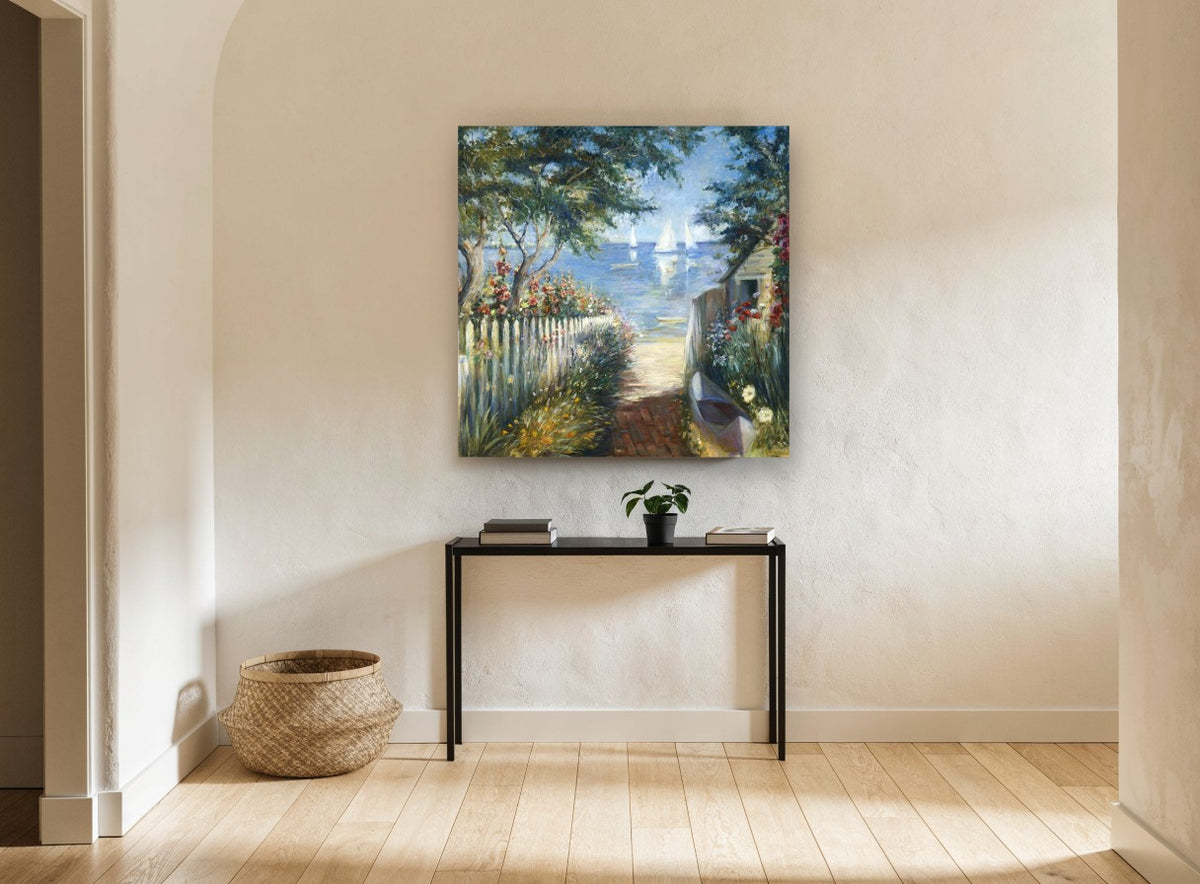Garden Path to the Bay coastal canvas print on the wall of a hallway