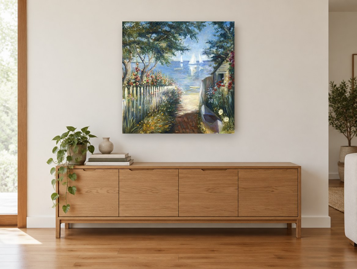 Garden Path to the Bay coastal canvas print on the wall of a living room above a sideboard