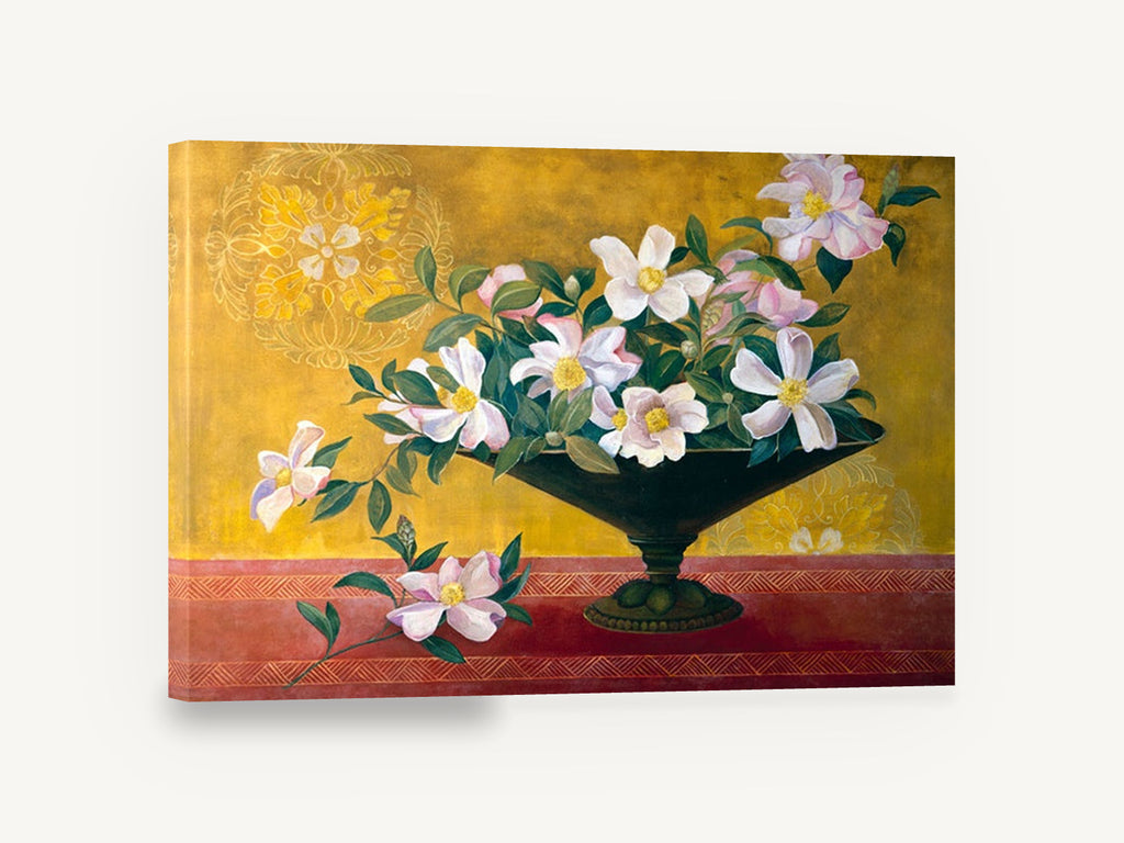 Gilded Camellia Bowl, pink white blossoms gold background painting, floral canvas wall art print ready to hang