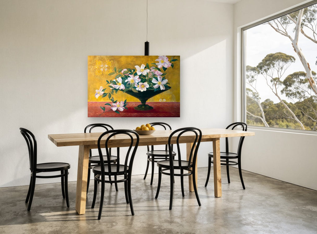 Gilded Camellia Bowl floral canvas print on the wall of a dining room