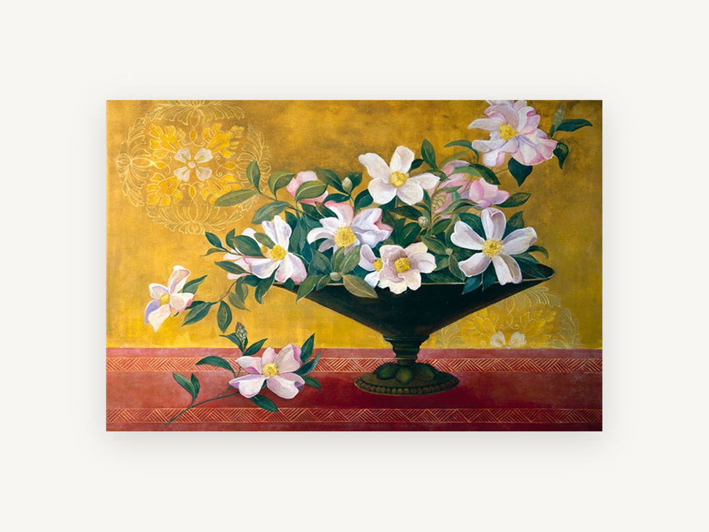 Gilded Camellia Bowl, floral canvas wall art print, front view