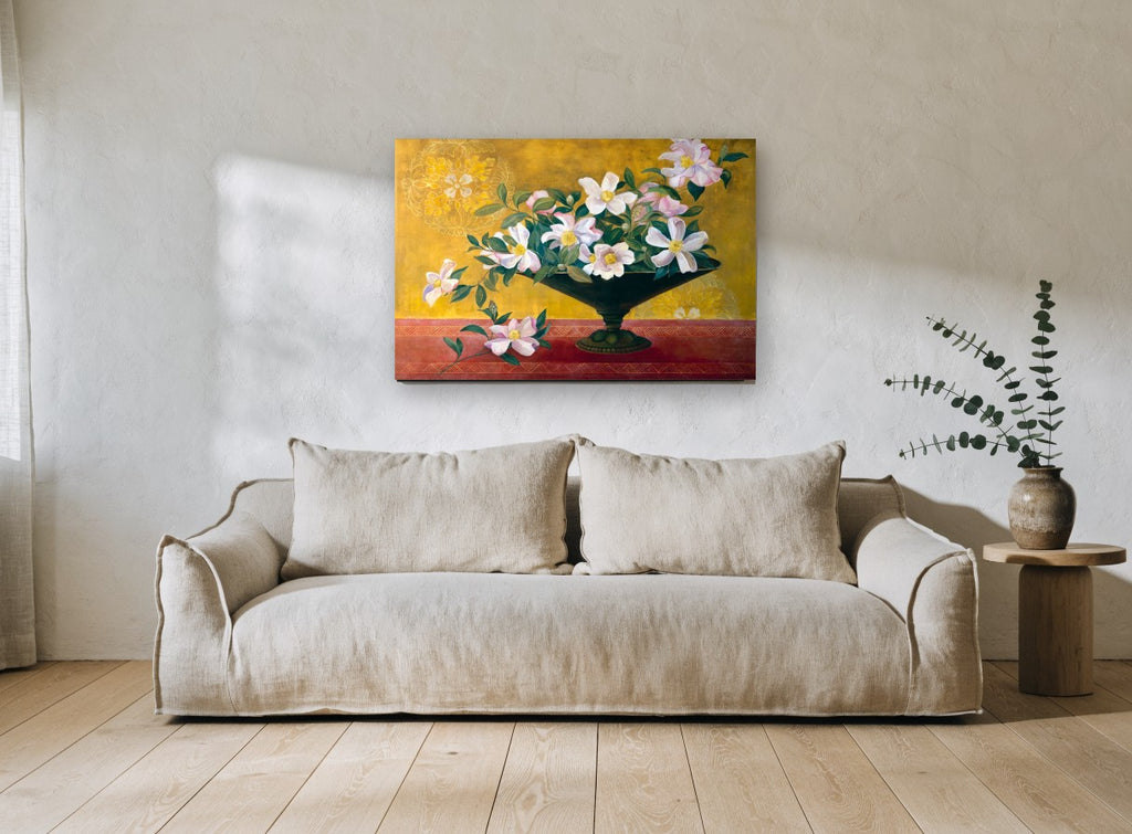 Gilded Camellia Bowl floral canvas print on the wall of a living room